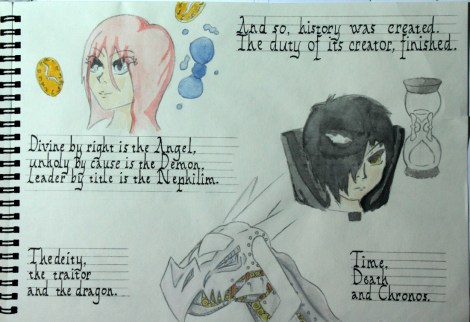 Jaakko Honkanen Tehtävä 1: Ajantaju – Tajuton aika Teos tutkii sarjakuvan keinoin ajan eri aspekteja personoiden henkilöiksi muiden muassa myyttisen, mekaanisen ja biologisen ajan. Akvarelli ja muste. A4-kirja, 22 sivua.