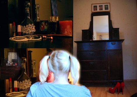 Maiju Liukkonen Tehtävä 4: Missä kuljin kerran. Teos "Omenantuoksuisessa mummolassa kasvoi tämä tyttö" tutkii tärkeään paikkaan sisältyviä muistoja ja kasvua digitaalisen kuvakollaasin keinoin. Digitaalinen värivedos A4.