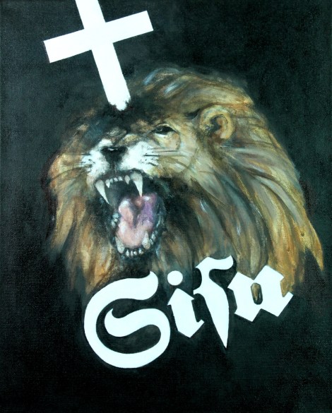 Meri-Tuulia Mäkelä Tehtävä 3: Kuvassa on voimaa Teos tuo uuden, kyseenalaistavan näkökulman suomalaista identiteettiä osaltaan määritteleviin symboleihin: leijonaan, ristiin ja sisuun. Öljy kankaalle 40 X 50 cm.