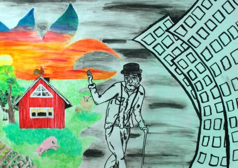 Linda Niemisalo Tehtävä 3: Kuvassa on voimaa Piippolan vaari -teos tutkii maaltamuuttoa ja kaupungistumista lapsuuden näkökulmasta käsin esikuvinaan mm. ranskalaiset realistit ja suomalaiset naivistit. Akvarelli ja peiteväri paperille 60 X 45 cm.