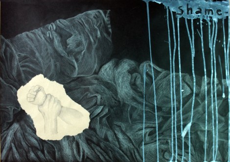 Heidi Nurmi, Tehtävä 3: Kuvassa on voimaa Shame-teos tutkii raiskausta vallankäyttönä feministisestä näkökulmasta. Sekatekniikka paperille 60 X 40 cm.