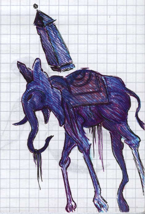 Pitkäjalkaiset elefantit viittaavat Salvador Dalín teoksiin, jotka ovat inspiroineet Pyryä jo vuosien ajan. "Dalín elefanteissa minua viehättävät puhtaasti visuaaliset elementit. Sirojalkaiset elefantit loisivat esteettisesti mielenkiintoista kontrastia massiiviselle ja varmarakenteiselle kilpikonnalle ja konstailemattomalle pallolle." Kuva on Pyryn portfoliosta.