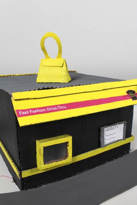 Lotta Juhola Fast Fashion Drive-through 20x20x60cm Painted cardboard and paper prints